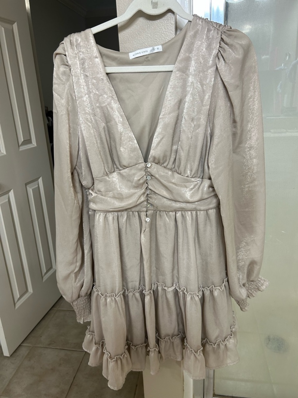 Altar'd State Shimmery Champagne Long Sleeve V-Neck Dress